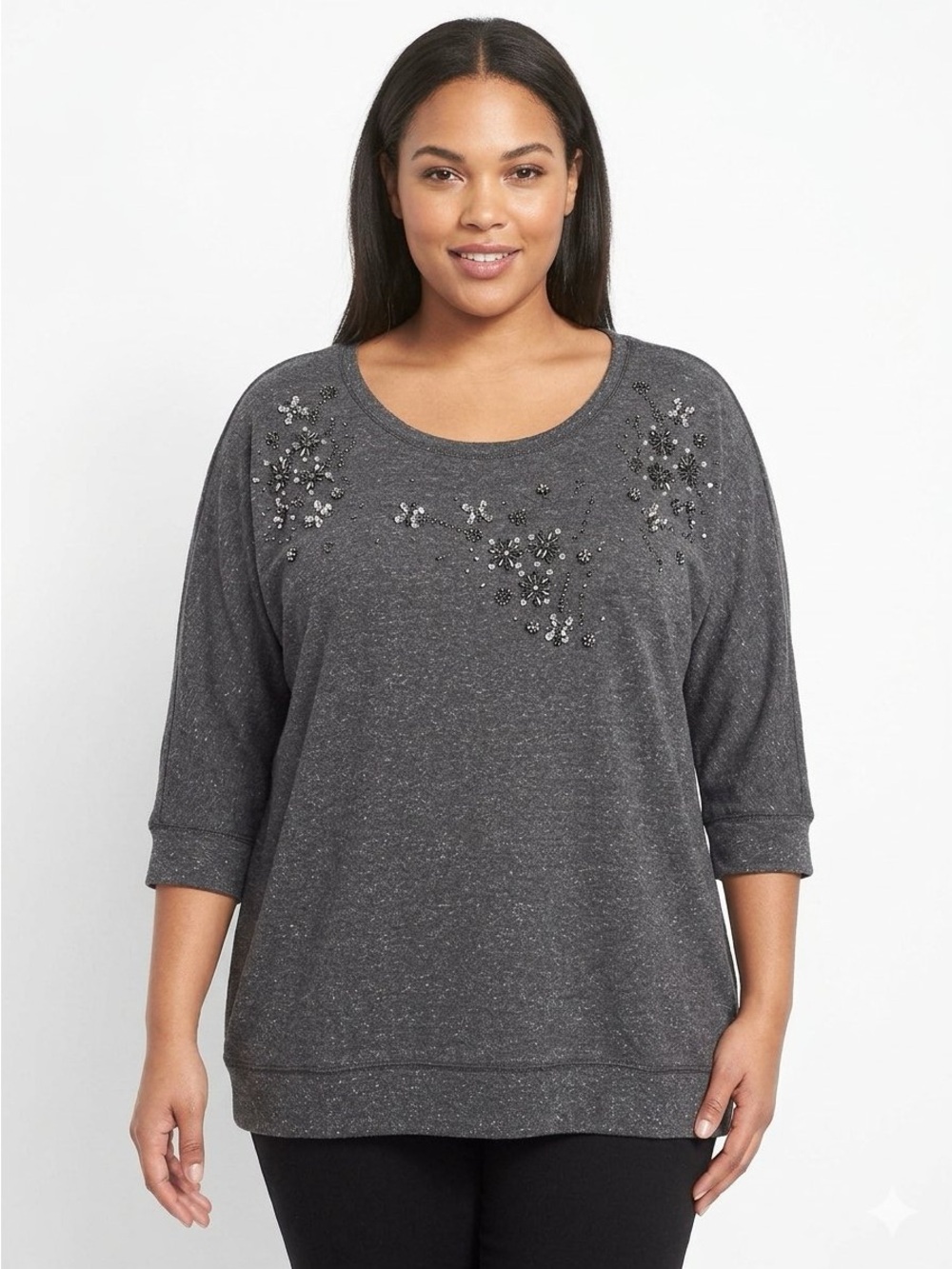 Lane Bryant Charcoal Embellished Scoop Neck Pullover